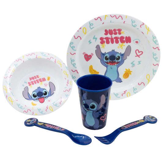 Disney Stitch Kinder Geschirr-Set 5 teilig Becher Teller Schüssel Besteck