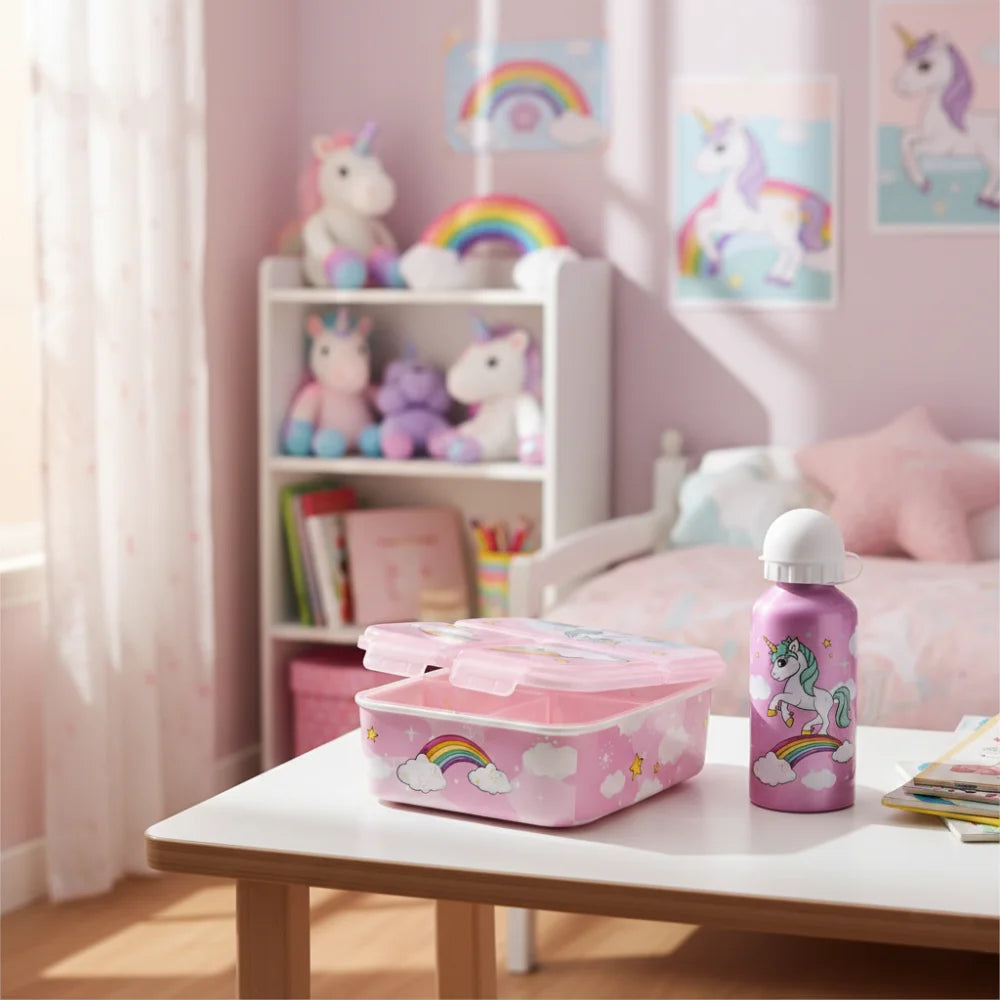 Einhorn Unicorn 2 tlg. Lunch Set Brotdose mit 3 Kammern Trinkflasche 400 ml - WS-Trend.de