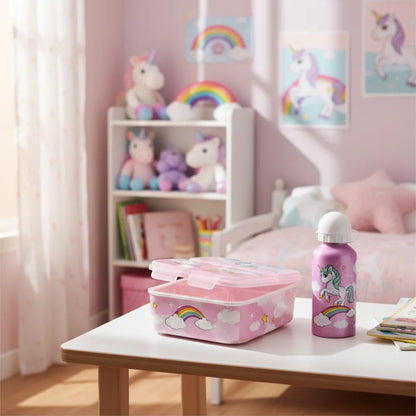 Einhorn Unicorn 2 tlg. Lunch Set Brotdose mit 3 Kammern Trinkflasche 400 ml - WS-Trend.de