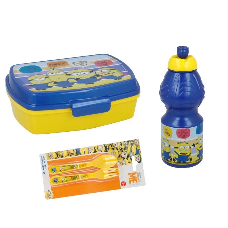 Minions 4-teiliges Set Lunchbox mit Trinkflasche und Besteck - WS-Trend.de Die 4 teiliges Brotdose Löffel Gabel
