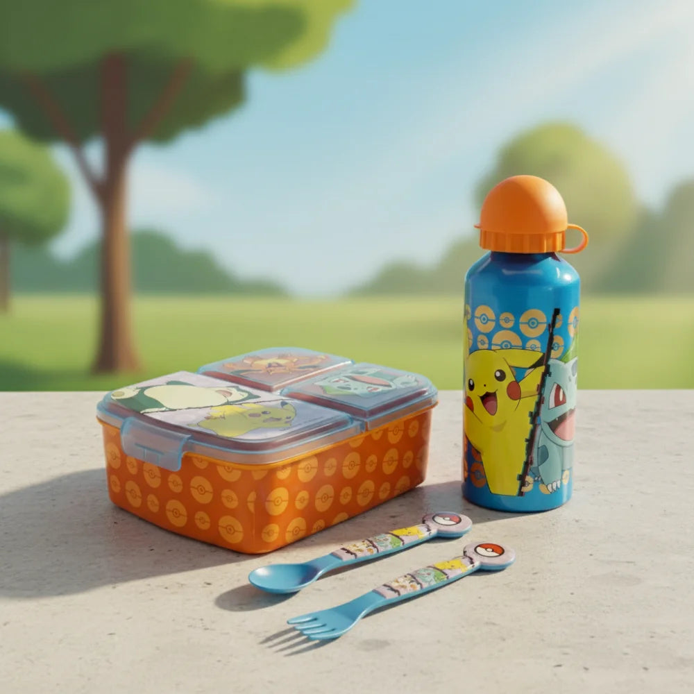 Pokemon Kinder 4 tlg. Set 3 Kammern Brotdose Gabel Löffel Alu-Flasche - WS-Trend.de