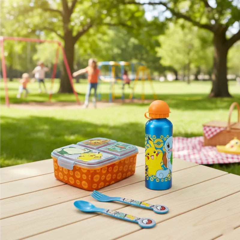 Pokemon Pikachu Kinder 4 tlg. Set 3 Kammern Brotdose Gabel Löffel XL Alu-Flasche - WS-Trend.de