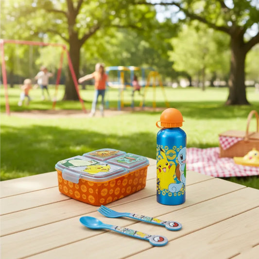 Pokemon Pikachu Kinder 4 tlg. Set 3 Kammern Brotdose Gabel Löffel XL Alu-Flasche - WS-Trend.de