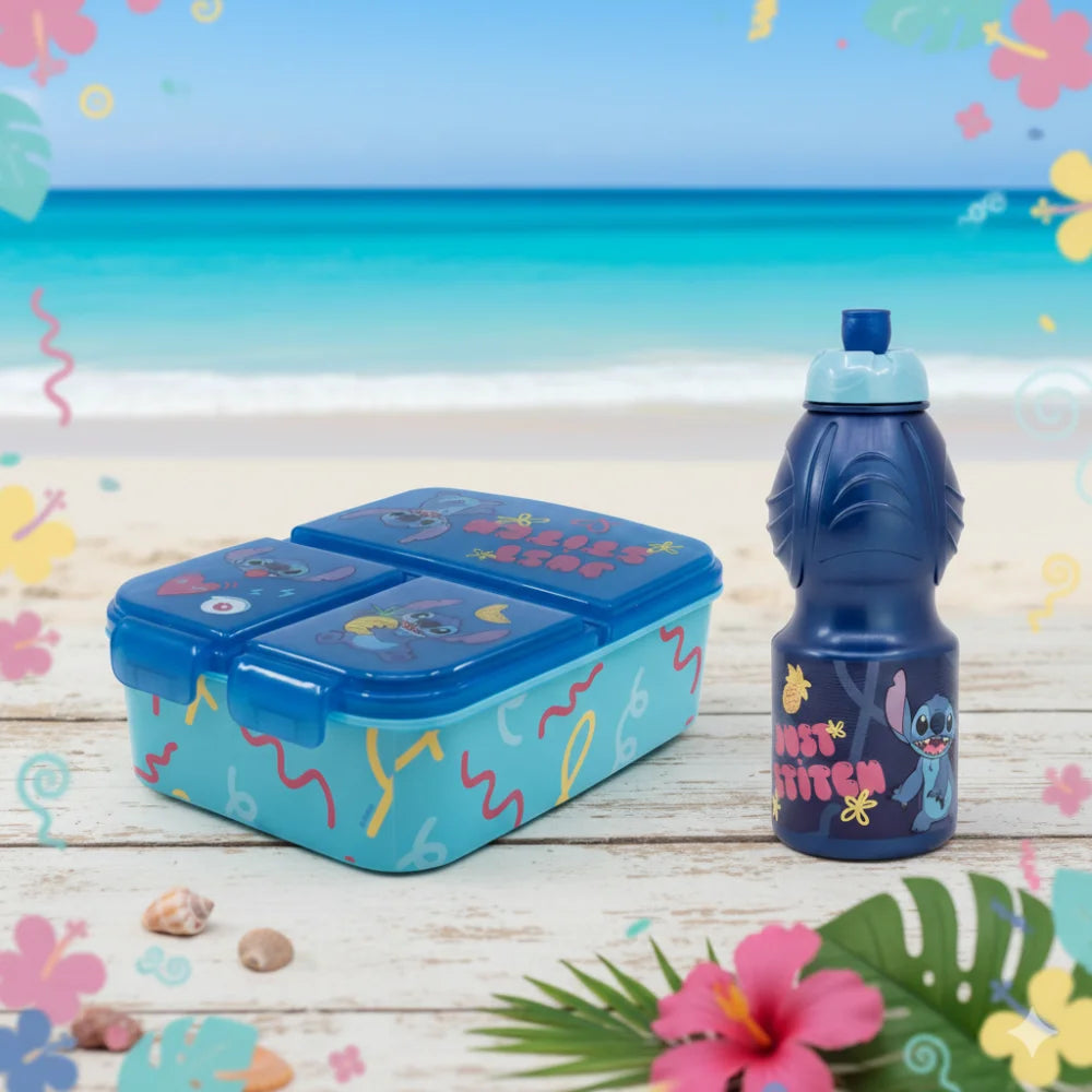 Disney Stitch 2 tlg. Lunch Set Brotdose mit 3 Kammern Trinkflasche 400 ml - WS-Trend.de