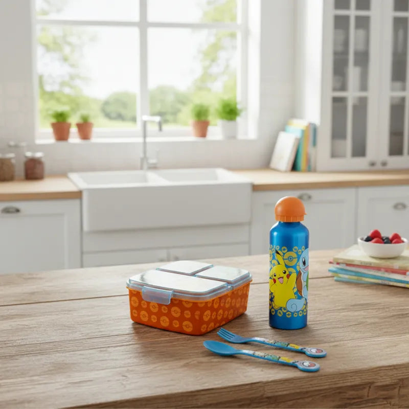 Pokemon Pikachu Kinder 4 tlg. Set 3 Kammern Brotdose Gabel Löffel XL Alu-Flasche - WS-Trend.de