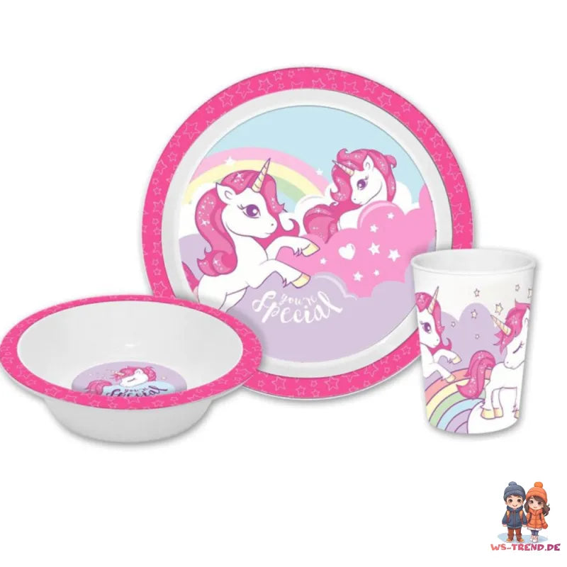 Sweet Einhorn Unicorn Kinder Geschirr Set 3 tlg Becher Teller Schüssel WS Trend.de