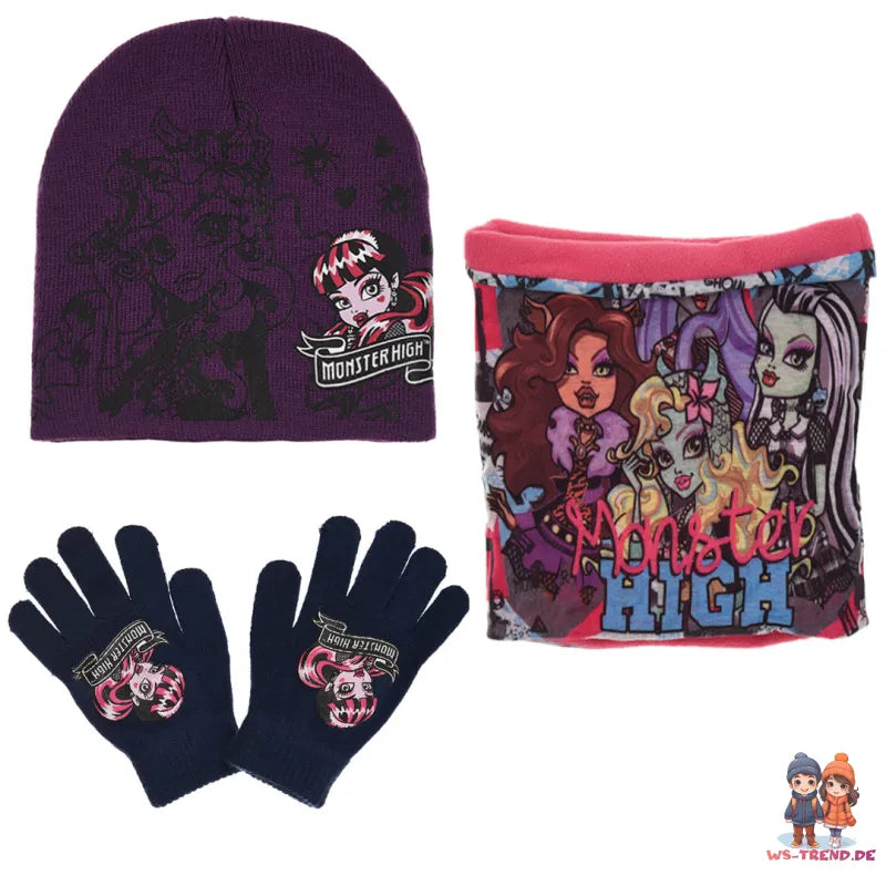 Monster High Girls 3tlg Set Kinder Mütze Wintermütze Handschuhe Loop - WS-Trend.de 52 54