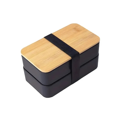 Doppelte Lunchbox 1,3L mit Bambusdeckel & Besteck – 4-teiliges Bento Set in Schwarz - WS-Trend.de