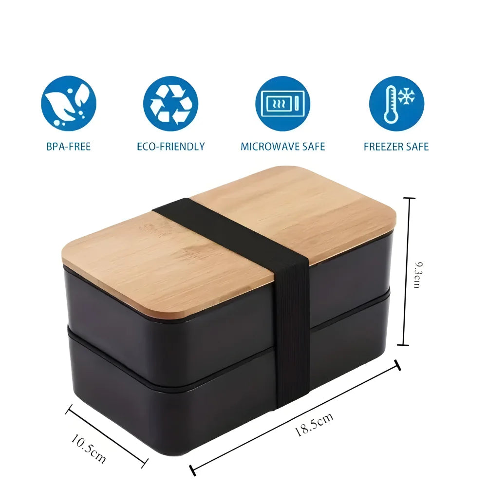 Doppelte Lunchbox 1,3L mit Bambusdeckel & Besteck – 4-teiliges Bento Set in Schwarz - WS-Trend.de