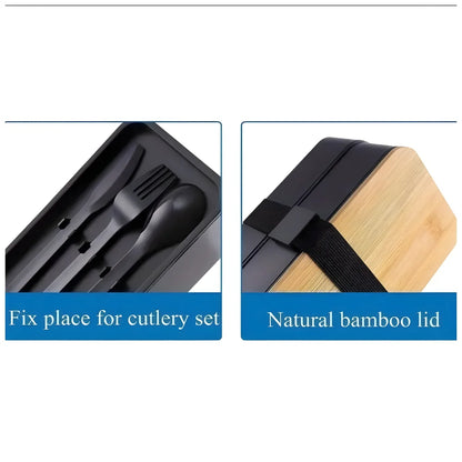 Doppelte Lunchbox 1,3L mit Bambusdeckel & Besteck – 4-teiliges Bento Set in Schwarz - WS-Trend.de