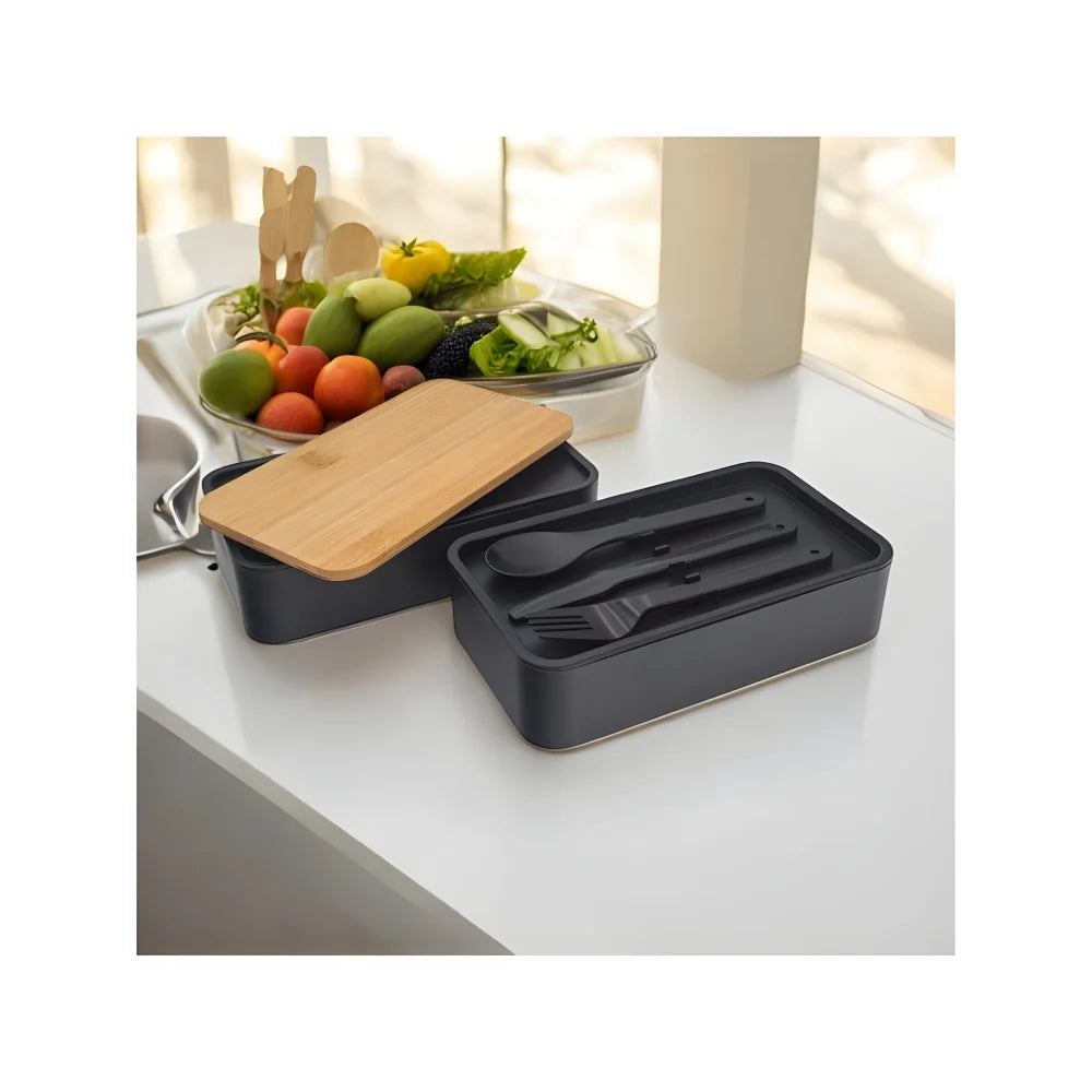 Doppelte Lunchbox 1,3L mit Bambusdeckel & Besteck – 4-teiliges Bento Set in Schwarz - WS-Trend.de