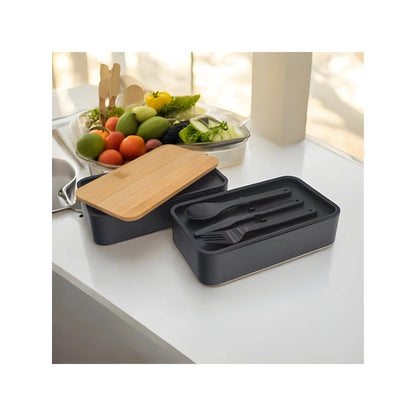 Doppelte Lunchbox 1,3L mit Bambusdeckel & Besteck – 4-teiliges Bento Set in Schwarz - WS-Trend.de