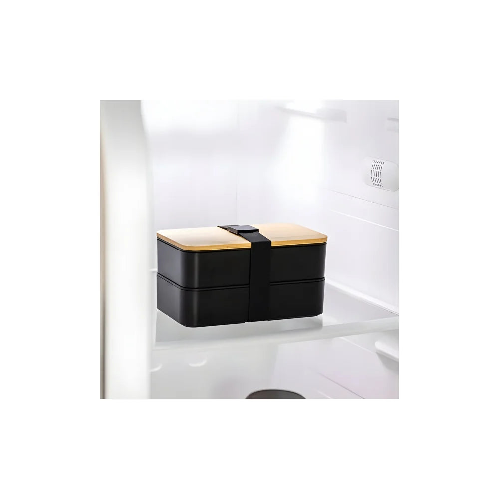 Doppelte Lunchbox 1,3L mit Bambusdeckel & Besteck – 4-teiliges Bento Set in Schwarz - WS-Trend.de