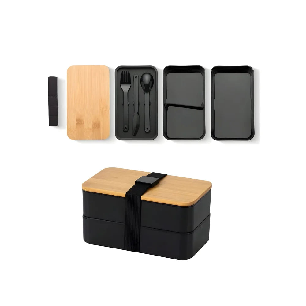 Doppelte Lunchbox 1,3L mit Bambusdeckel & Besteck – 4-teiliges Bento Set in Schwarz - WS-Trend.de