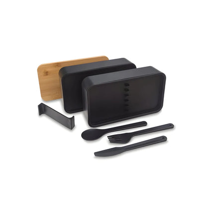 Doppelte Lunchbox 1,3L mit Bambusdeckel & Besteck – 4-teiliges Bento Set in Schwarz - WS-Trend.de