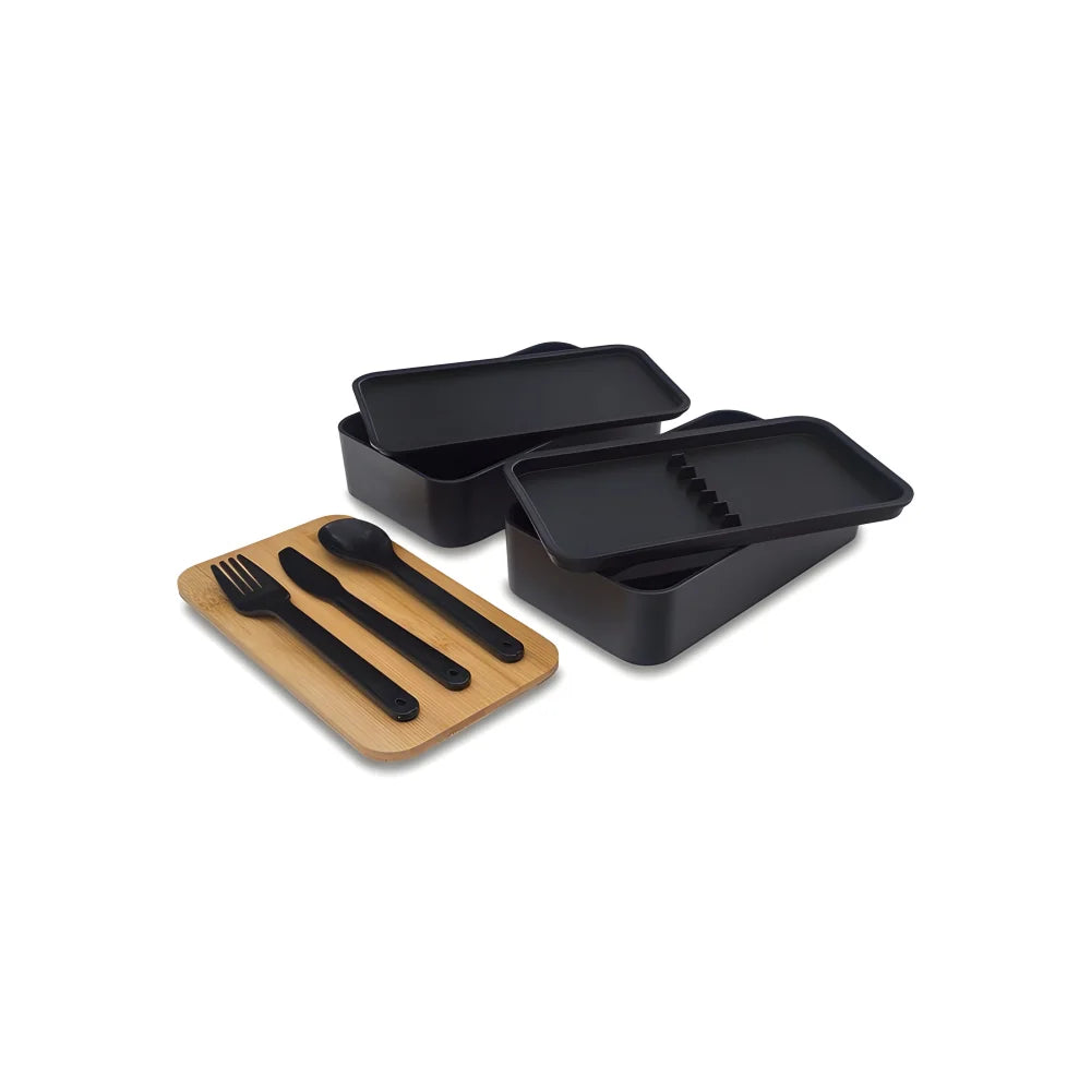 Doppelte Lunchbox 1,3L mit Bambusdeckel & Besteck – 4-teiliges Bento Set in Schwarz - WS-Trend.de