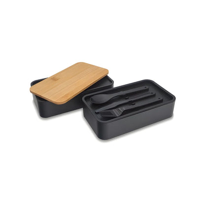 Doppelte Lunchbox 1,3L mit Bambusdeckel & Besteck – 4-teiliges Bento Set in Schwarz - WS-Trend.de