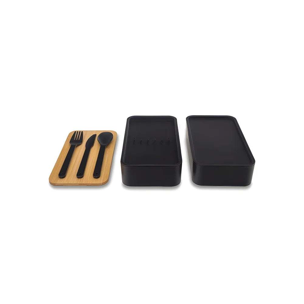 Doppelte Lunchbox 1,3L mit Bambusdeckel & Besteck – 4-teiliges Bento Set in Schwarz - WS-Trend.de