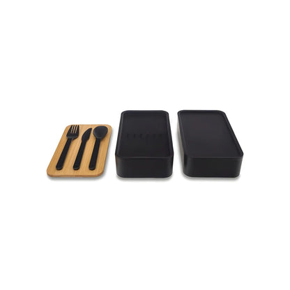 Doppelte Lunchbox 1,3L mit Bambusdeckel & Besteck – 4-teiliges Bento Set in Schwarz - WS-Trend.de