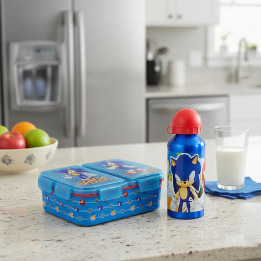 Sonic the Hedgehog 2 teiliges Lunch Set Brotdose mit 3 Kammern Alu-Trinkflasche - WS-Trend.de