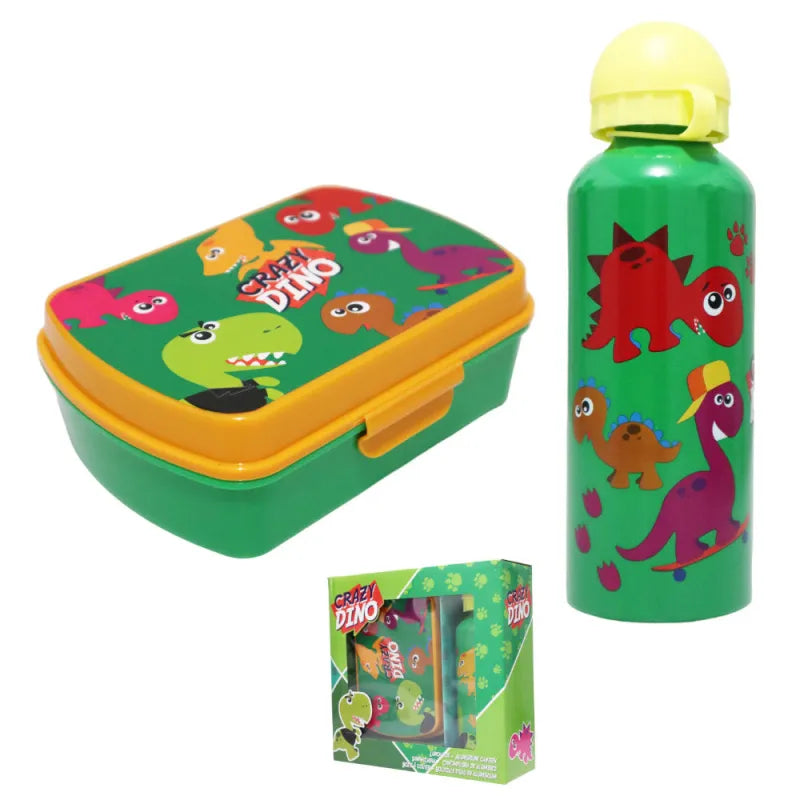 Crazy Dino 2 tlg Kinder Lunch Set Brotdose Alu Trinkflasche 500 ml Geschenk - WS-Trend.de