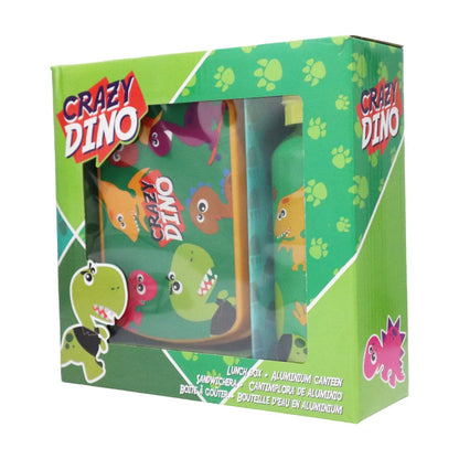 Crazy Dino 2 tlg Kinder Lunch Set Brotdose Alu Trinkflasche 500 ml Geschenk - WS-Trend.de