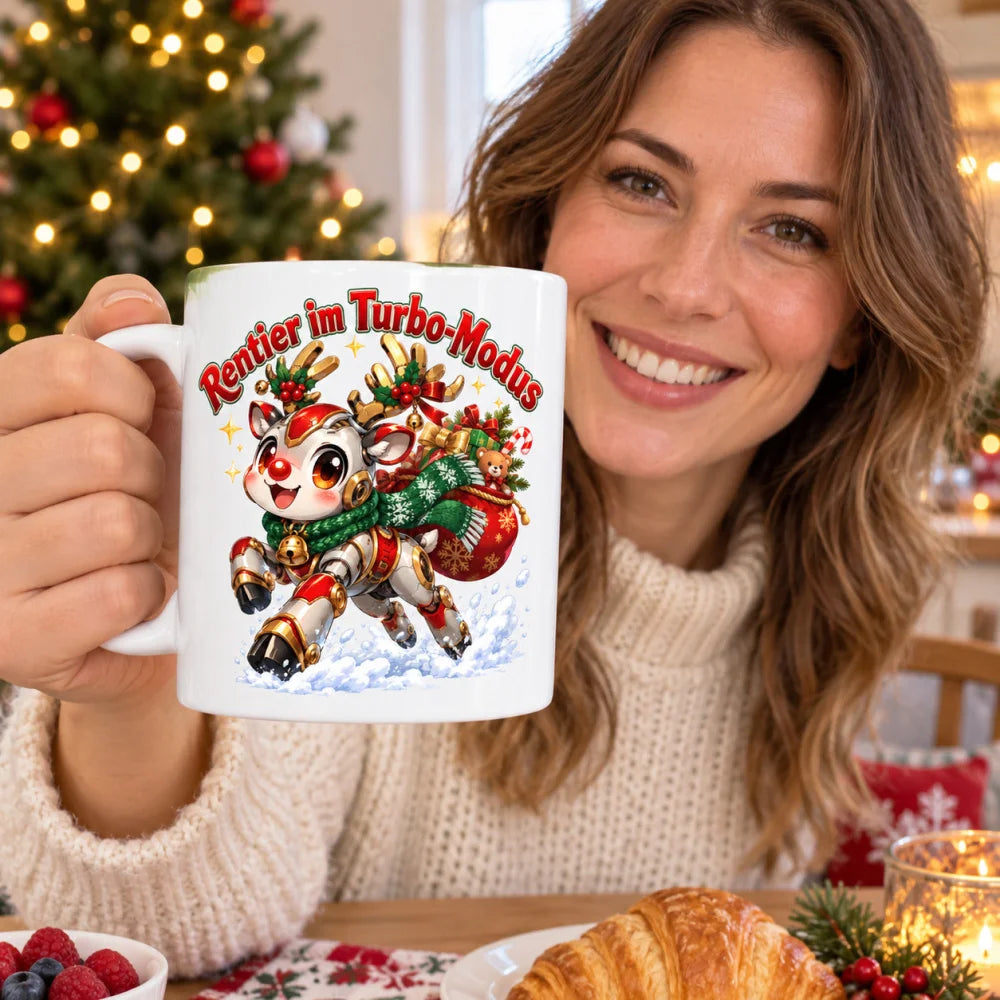 WS-Trend Mecha-Rentier Anime Weihnachtstasse Keramik 330 ml mit Spruch - WS-Trend.de