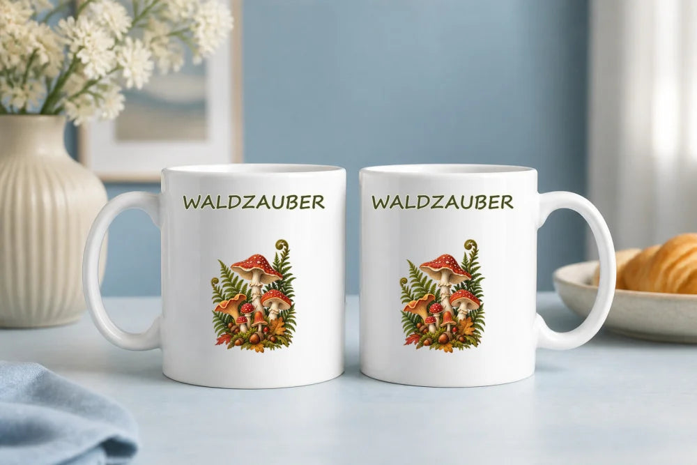 Waldzauber Pilze Tasse – Keramikbecher 325 ml botanisches Motiv - WS-Trend.de