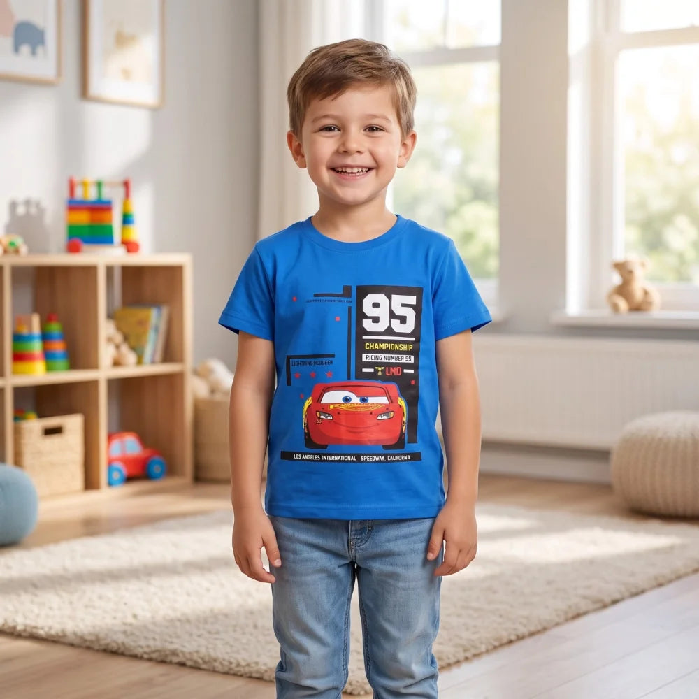 Disney Cars Lightning McQueen Kinder T-Shirt Kurzarm Shirt 98 bis 128 Weiß Blau - WS-Trend.de