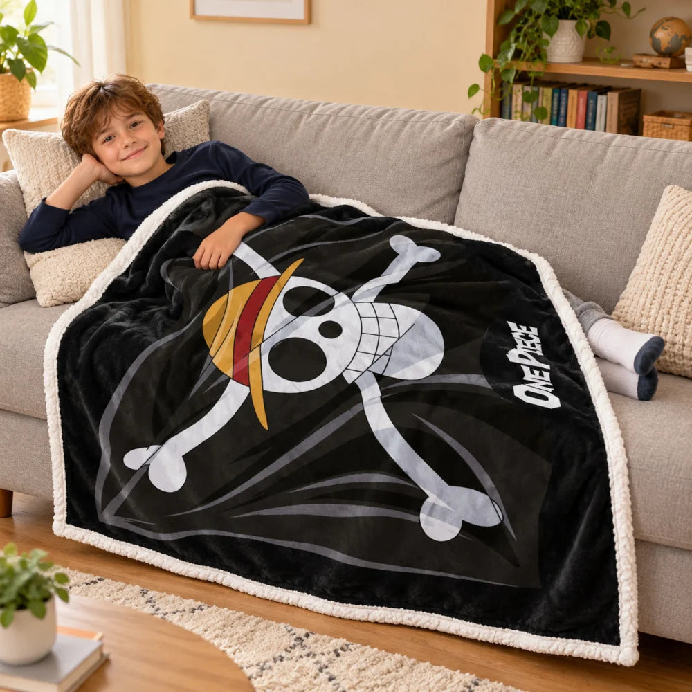 One Piece Strohhutbande Flanell-Kuscheldecke 120x150 cm Schwarz - WS-Trend.de