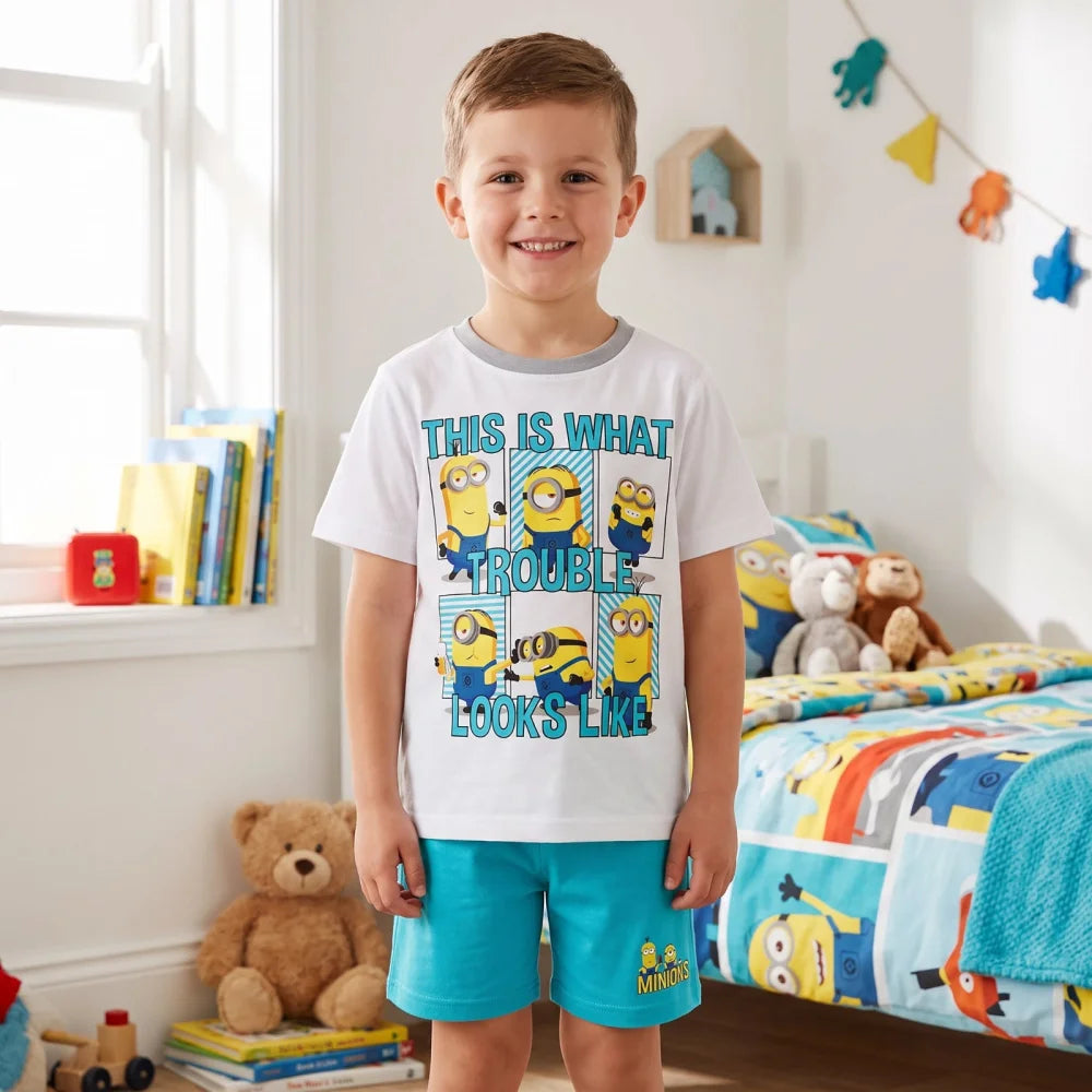 Die Minions Jungen Kinder Pyjama Schlafanzug 98-122 Baumwolle Weiß Grau - WS-Trend.de