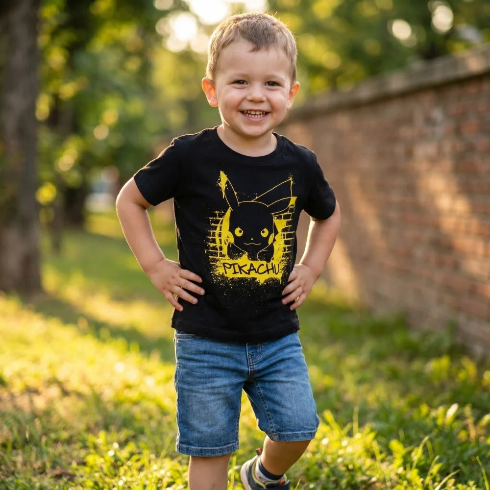 Pokemon Pikachu Kinder T-Shirt Kurzarm Shirt Baumwolle 110 bis 116 Grau Schwarz - WS-Trend.de