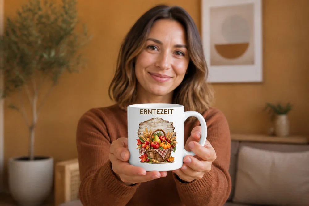 Erntezeit Erntekorb Tasse – Farmhouse Keramikbecher 325 ml - WS-Trend.de