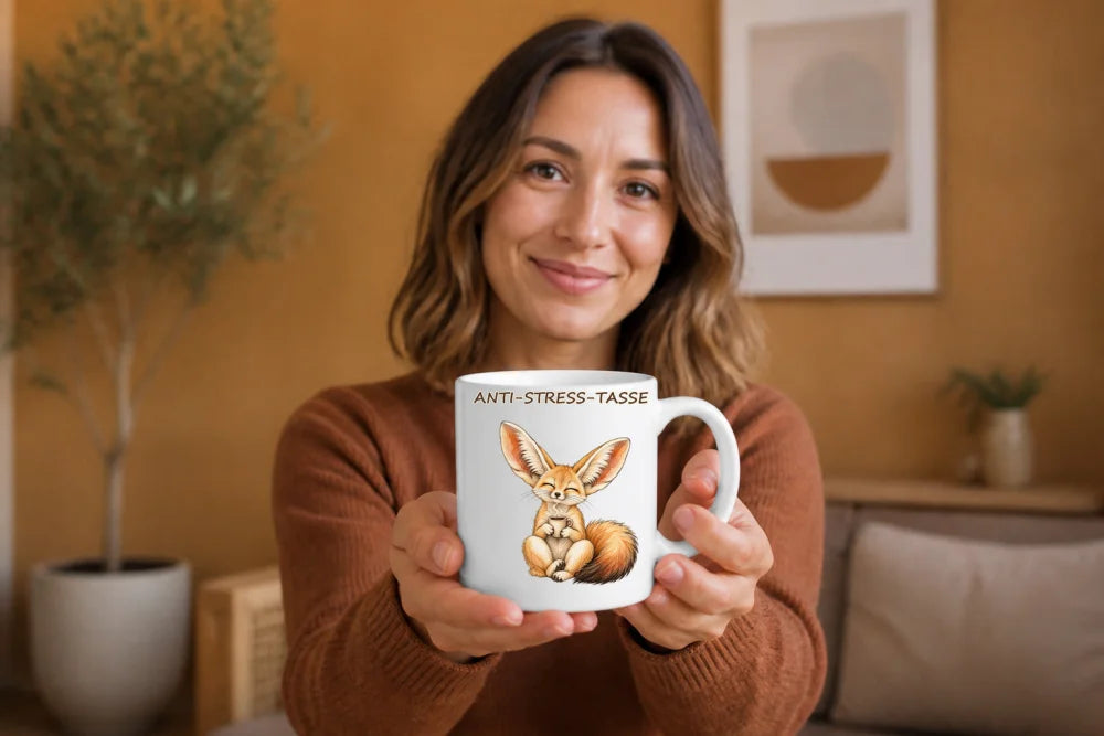 Anti-Stress-Tasse Fennek – Keramikbecher 325 ml Tuschzeichnung - WS-Trend.de