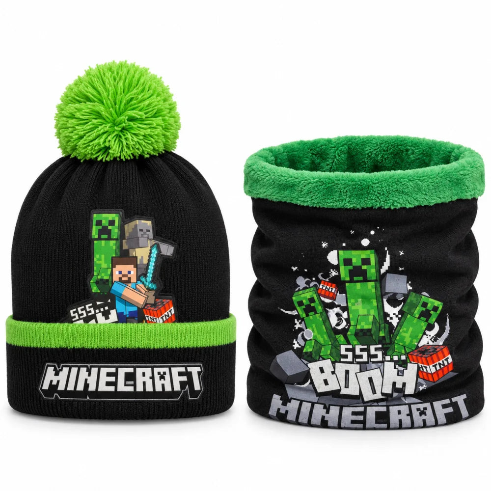 Minecraft Creeper Winterset: Bommelmütze und Snood Größe 54/56 - WS-Trend.de