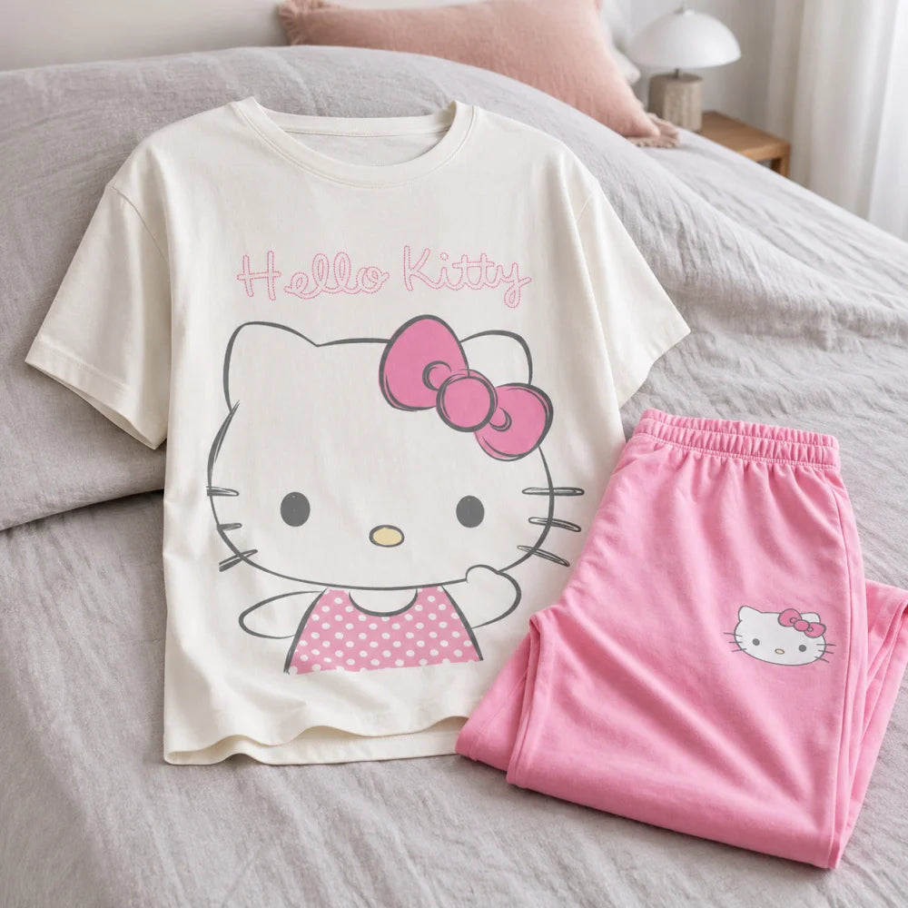 Hello Kitty Damen Pyjama Schlafanzug Hose Shirt S-XL 100% Baumwolle - WS-Trend.de