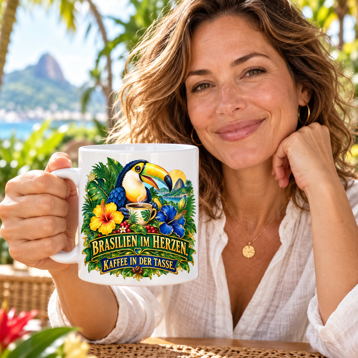 Brasilien Tasse Keramik 330 ml Spruch Geschenk Kaffee Urlaub Tiermotiv