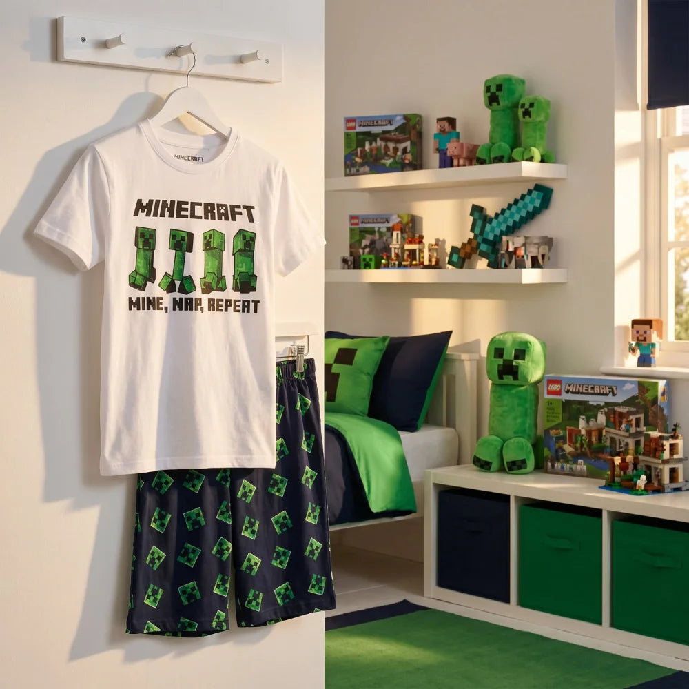 Schlafanzug Minecraft Creeper Kinder kurzer Pyjama Gr. 116 -128 - WS-Trend.de