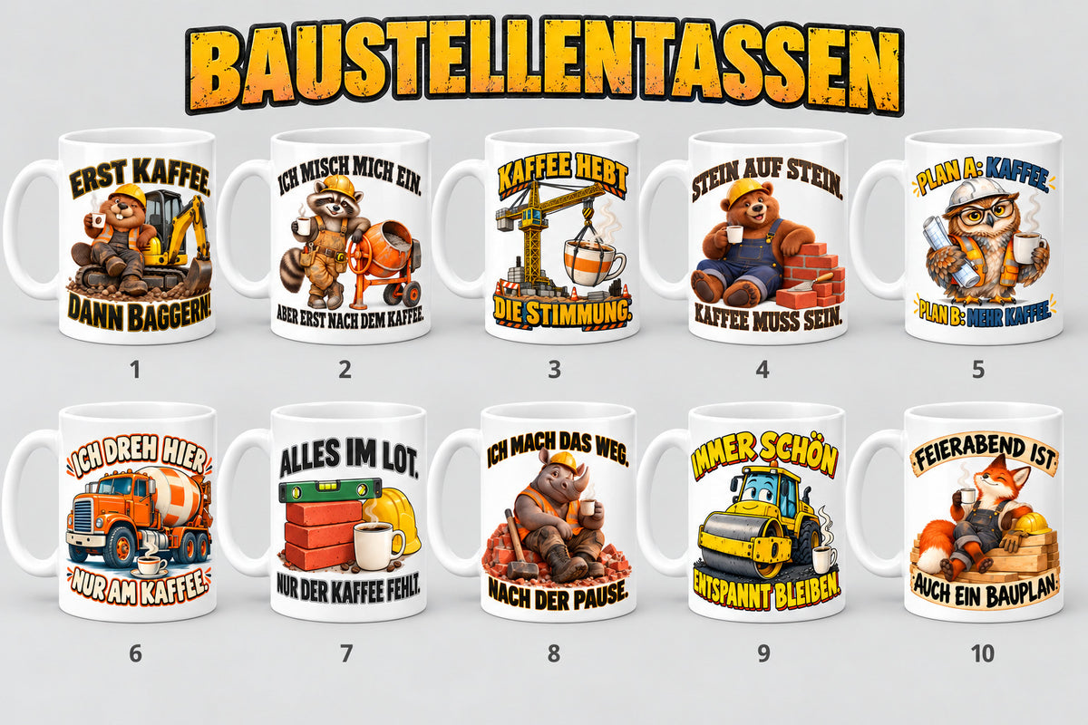 Baustellen Tasse Spruch Keramik 330 ml Geschenk Bauarbeiter beidseitig