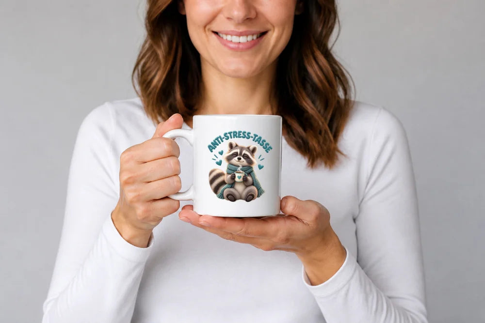 Anti-Stress-Tasse Waschbär – Keramikbecher 325 ml - WS-Trend.de
