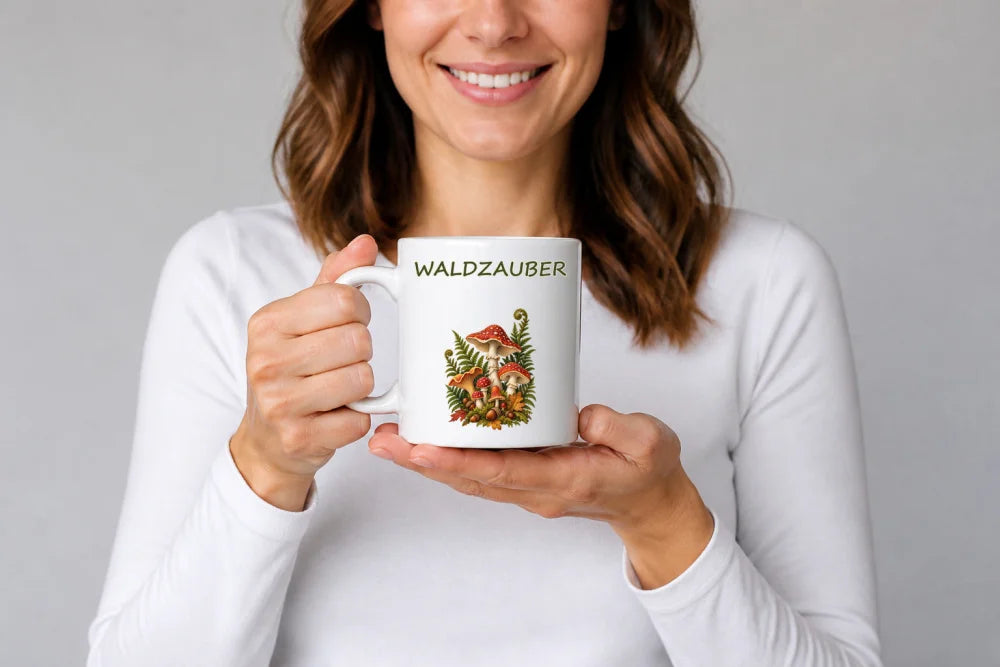 Waldzauber Pilze Tasse – Keramikbecher 325 ml botanisches Motiv - WS-Trend.de