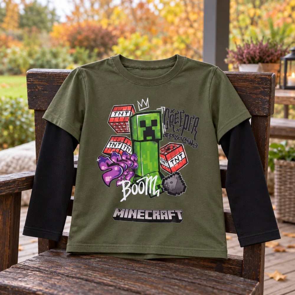Minecraft Creeper Boom Langarmshirt oliv-schwarz - WS-Trend.de