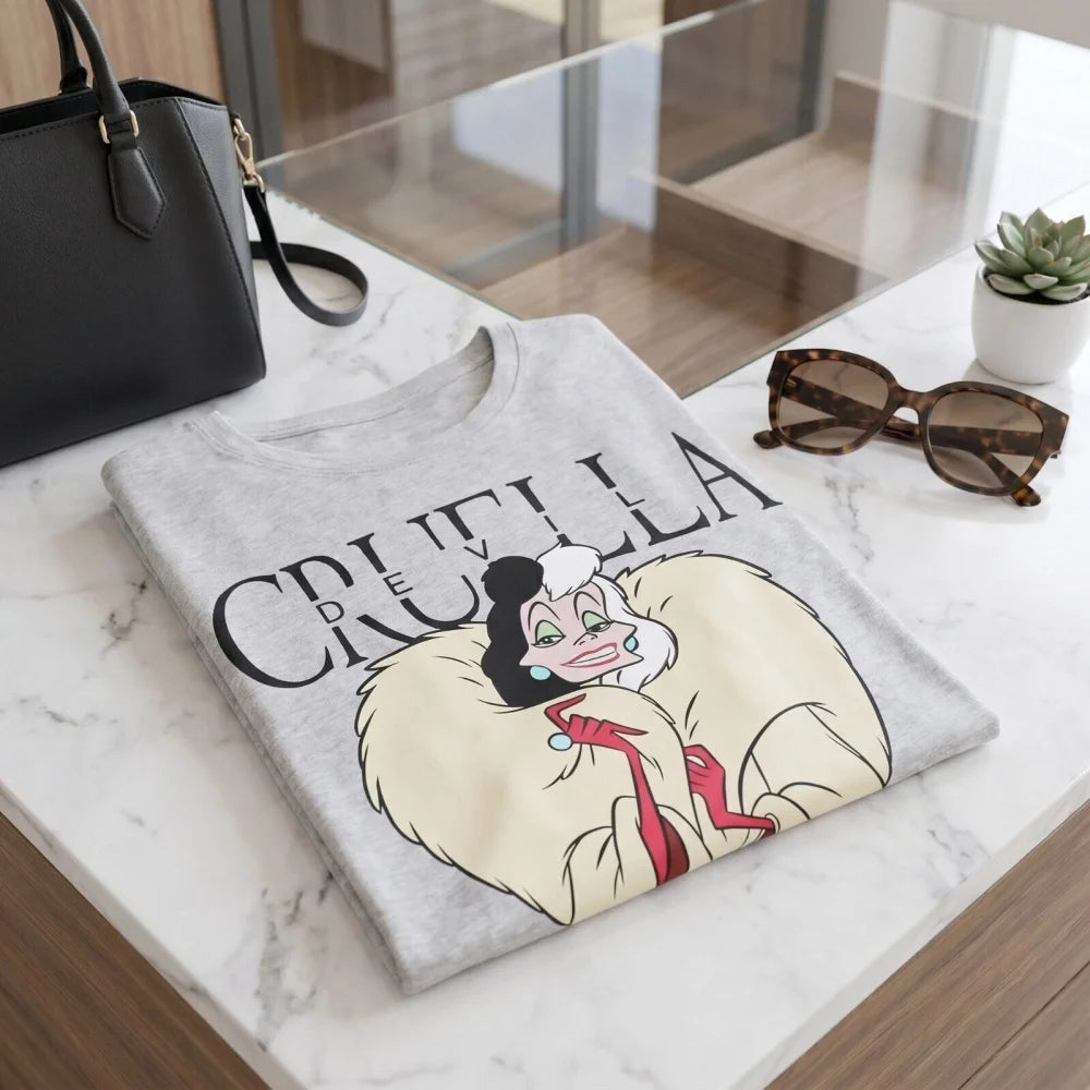 Print-Shirt Disney Cruella de Vil Damen T-Shirt Kurzarm XS-M Grau Weiß Baumwolle - WS-Trend.de