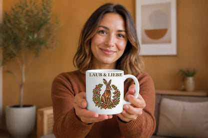 Laub & Liebe Hase Tasse – Linolschnitt Keramikbecher 325 ml - WS-Trend.de
