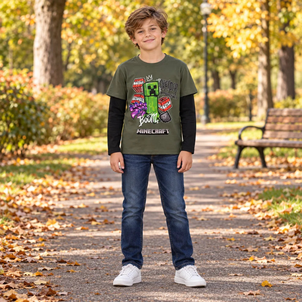 Minecraft Creeper Boom Langarmshirt oliv-schwarz - WS-Trend.de