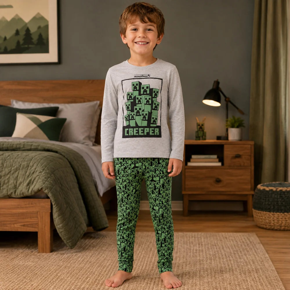 Schlafanzug Minecraft Creeper Gamer Jungen Kinder lang Pyjama - WS-Trend.de