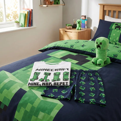 Schlafanzug Minecraft Creeper Kinder kurzer Pyjama Gr. 116 -128 - WS-Trend.de