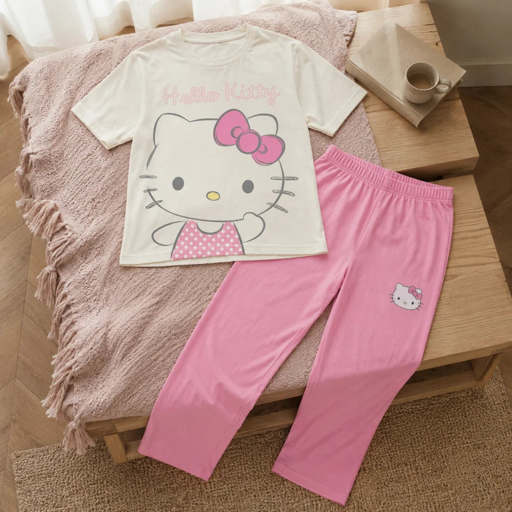 Hello Kitty Damen Pyjama Schlafanzug Hose Shirt S-XL 100% Baumwolle - WS-Trend.de