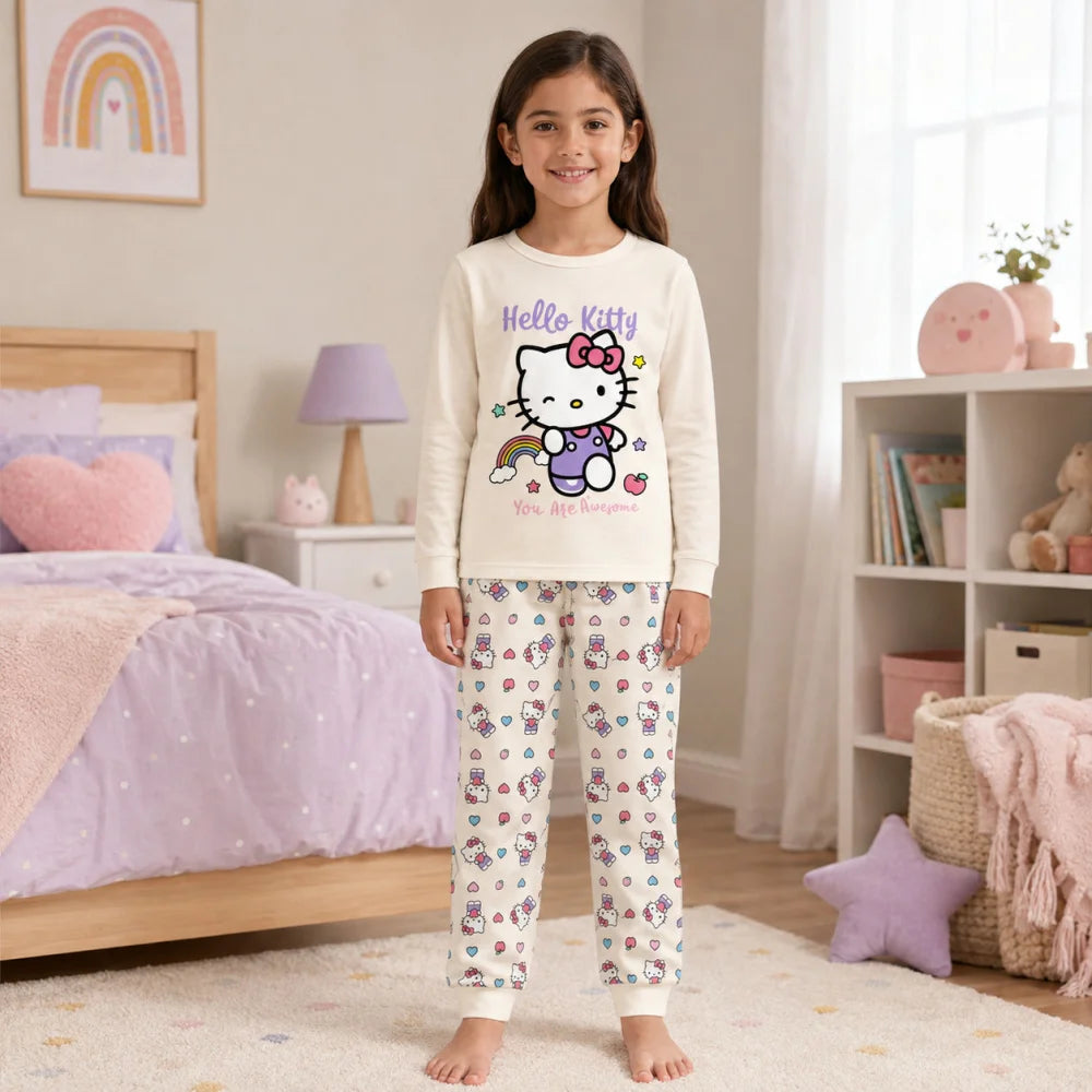 Hello Kitty Kinder Mädchen langarm Schlafanzug Pyjama 104-128 - 100% Baumwolle - WS-Trend.de