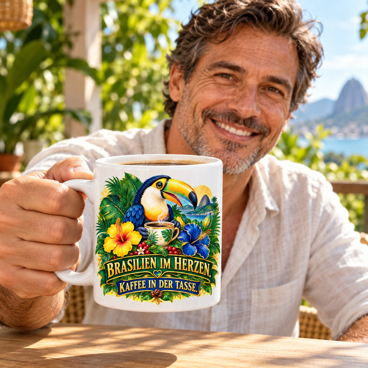 Brasilien Tasse Keramik 330 ml Spruch Geschenk Kaffee Urlaub Tiermotiv
